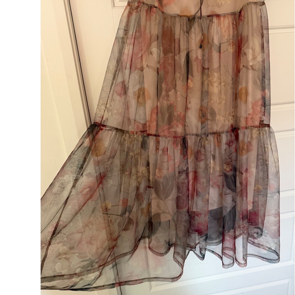 H&M sz M Sheer Floral Puff Sleeve Tiered Tulle Midi Maxi Dress Whimsical Fairy - Picture 11 of 14